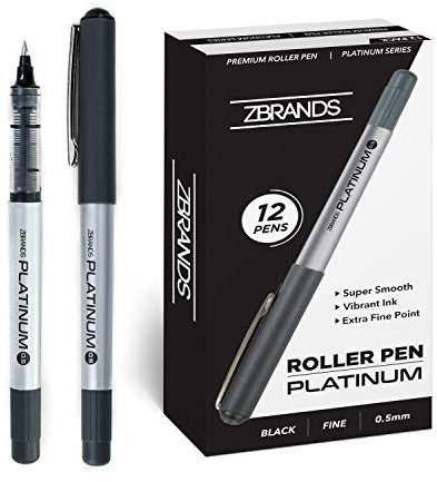 ZBRANDS Black Ink Pens, Liquid Ink Rollerball Pens, Micro Point (0.5mm), 12 Pens Multipack, Platinum Roller Ball Writing Pens Black Ink, Super Smooth Handwriting Pens Drawing Arts Crafts