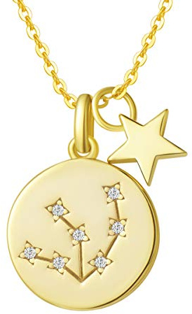 FANCIME Acquario Segno Zodiacale 12 Costellazione Ciondolo Collana in Argento Sterling 925 Placcato Oro Gioielli per Donna Ragazze Bambini - Catena Lunghezza: 40 + 5 cm