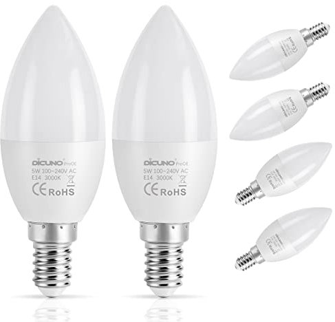 DiCUNO E14 LED Lampe 5W, Warmweiß 3000K, ersetzt 40W Halogen, 330lm, CRI 98 Vollspektrum, kein blaues Licht, C37 Kerzenform, Abstrahlwinkel 270°, ProOE Serie, Flimmerfrei, nicht dimmbar, 6er Pack