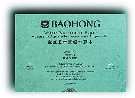 BAOHONG Blocco di carta per acquerello per artisti (20 fogli, incollati su quattro bordi), 100% cotone, senza acidi, 150 lb/300 g/m², forniture artistiche per acquerelli per pittura bagnata, asciutta