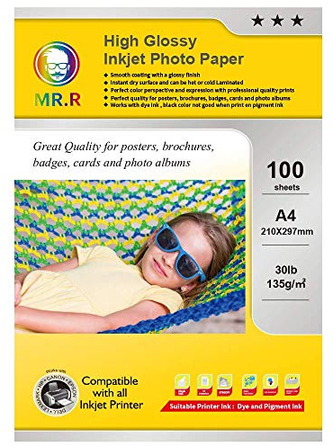 MR.R 135gsm 100 ark A4-storlek Enkelsidig glansigt bläckstrålefotopapper Bläckstråleskrivare glansigt fotopapper direkttorkat vattentätt ljust vita fotoark