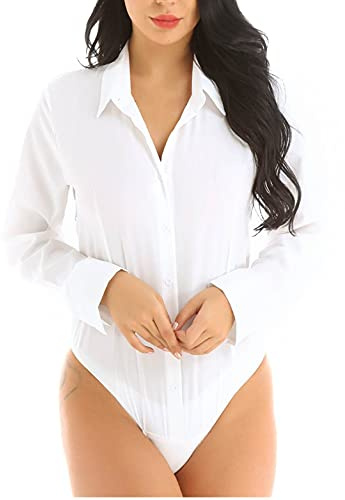 Aislor Chemise Elégant Femmes Body String T-shirt À Manches Longue Blouse Haut Chemisier D'affaires Bureau Combinaison Décontractée Blanc S