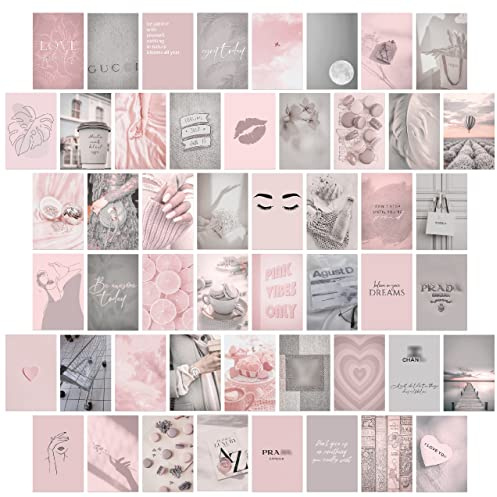 Rosa grå estetisk foto, väggcollage-kit, 50 set 10 x 15 cm estetiska bilder, flickig sovrumsdekor för tonårstjejer, dammig rosa grå VSCO-affischer för sovsal, trendiga estetiska väggkonsttryck