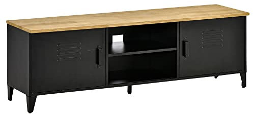 HOMCOM Meuble TV Banc TV pour téléviseurs de 55'' avec 2 Placards Pieds Réglables Cadre métalique Noir Plateau en Bois Naturel 150 x 40 x 50 cm