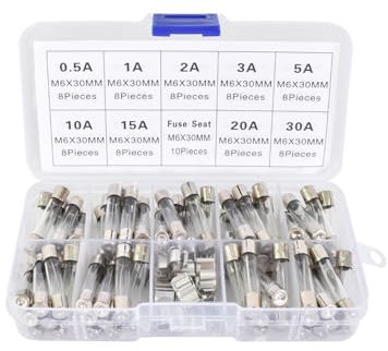 72PCS 9 Valores 6X30mm Juego de Surtido de Fusibles de Vidrio de Fusión Rápida, 250V 0.5A 1A 2A 3A 5A 10A 15A 20A 30A, con 10 Pcs Fusible Clip, Paquete en Una Caja de Plástico Transparente