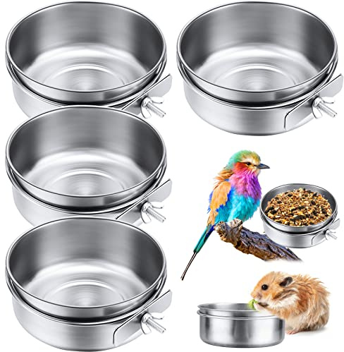 Aoriher 4 Pack Large Bird Feeding Dish Cups 30 oz Stainless Steel Parrot Feeders Food Water Cage Bowls with Clamp Holder for Cockatiel Conure Budgies Parakeet Macaw Small Dog Cat Animal