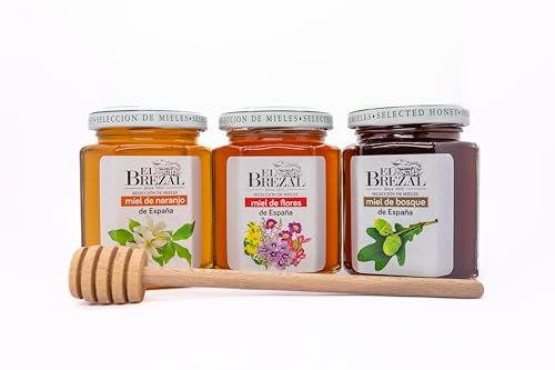 El Brezal - Miel de Flores, Naranjo y Bosque - Natural Honey 100% Cosechada en España, Pack Regalo Sabores de España con Cuchara de Madera Incluida (3 Botes de 250 gr)