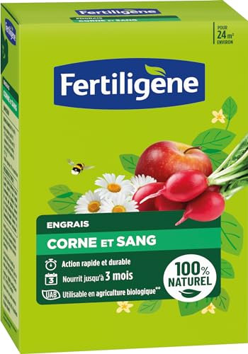 FERTILIGENE FCOSAN12 - Engrais Corne et Sang 1,2 kg - Action rapide et durable - Nourrit jusqu'à 3 mois - Jusqu'à 24m² fertilisées - Idéal pour plantation du potager, des fleurs, arbustes, ornements