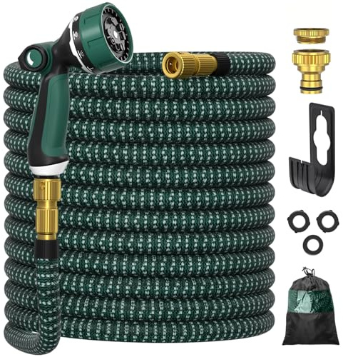 Ultty Tubo da Giardino Estensibile 30 m, Tubo Flessibile per Irrigazione con Pistola a Spruzzo 10 Funzioni, Anti-Piega, Raccordi in Metallo 3/4 e 1/2 per Giardino e Lavaggio Auto, Verde