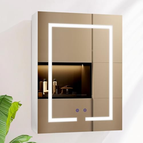 AxisFurn Badezimmer-Spiegelschrank mit LED-Beleuchtung, 3 verstellbares Licht, Spiegelschrank groß mit Ablage und Steckdose, Anti-Beschlag Wandschrank platzsparend, 50 * 66cm, Weiß