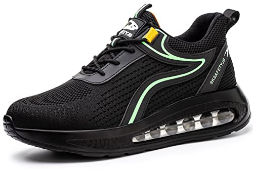 TOLHE Arbeitsschuhe Herren Damen, Kochschuhe mit Stahlkappe Leicht rutschfest, Arbeitsschutzschuhe Herren, Sicherheitsschuhe Sneaker, rutschfest Atmungsaktiv Komfort Leicht, Schwarz Grün 42EU