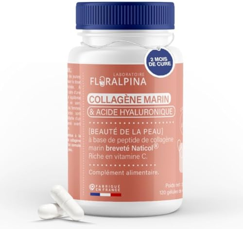 Collagène Marin + Acide Hyaluronique + Vitamine C, Peau Hydratée et Articulations Fortes, 120 Gélules Cure de 2 mois, Collagene Hydrolysé Type 1 Naticol® | Made in France, LABORATOIRE FLORALPINA