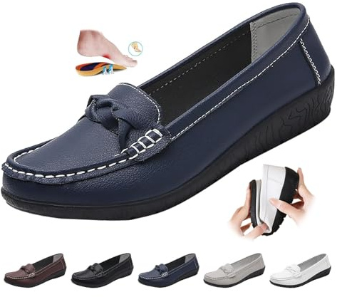 Mocasines ortopedicos para mujer en piel transpirable, de ajuste ancho, mocasines clásicos, zapatos de conducción, zapatos de trabajo, oficina, enfermería, azul, 39 EU
