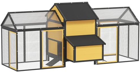Pollaio in legno PawHut, pollaio con nido, doppio box con vassoio, recinto con rampa, pollaio per galline, 247 x 125 x 113,5 cm, giallo