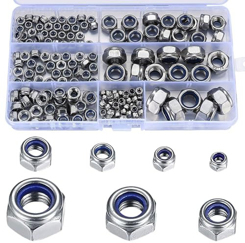 170 PCS Locknut Assortment 7 Sizes Nylock Nuts M3 M4 M5 M6 M8 M10 M12 Threaded Hex Insert Locking Nuts with Plastic Box for Bolts Screws