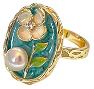 Bague Fleur Émaillée Pour Femme Anneau Vintage Ajustable Plaqué Or 14k Avec Perles Cristal Feuille Fleur Bijou De Mariage Ou Cocktail Style Bohème Unique Cadeau Saint Valentin Anniversaire