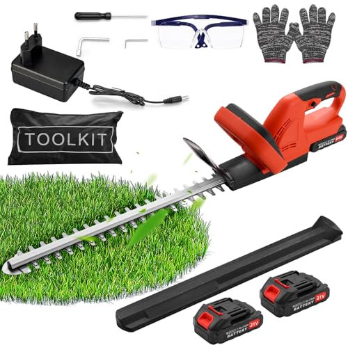 wowspeed 21V 500W Heckenschere Akku, 1500R/Min, Heckenschere Elektrisch, 50cm Schnittlänge, 17mm Zahnabstand, mit 2 Akku und Ladegerät, Schutzbrille, Handschuhe, Schutzbox