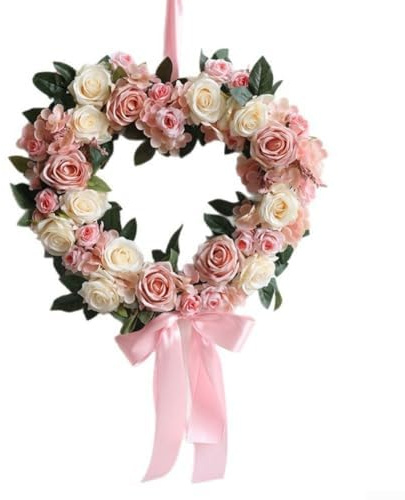 Ghirlanda floreale artigianale con design a forma di cuore con fiori di seta, adatta per decorazioni romantiche per la casa, matrimoni ed eventi