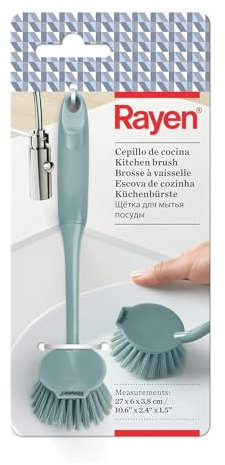 Rayen - Cepillo de Cocina Multifuncional, Mango Ergonómico Soft-Touch, Limpiador de Superficies Antiadhesivas, No Raya, Rascador Integrado para Restos Incrustados, Color Azul, Medidas 27x6x3.8 cm