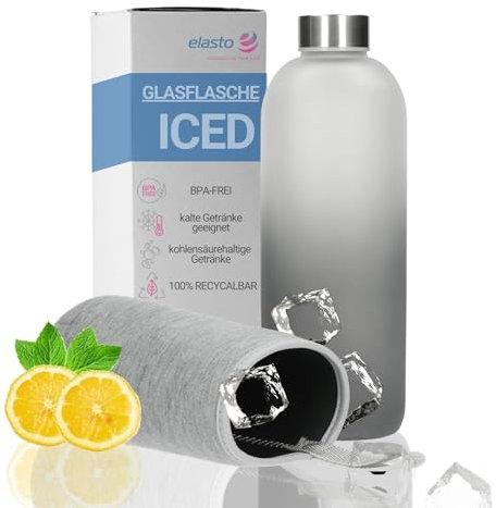 Uakeii Glasflasche 'Iced' - Trinkflasche 1L mit Neoprentasche zum Mitnehmen - Wasserflasche Glas ist BPA-frei - Sport Trinkflasche für kohlensäurehaltige Getränke geeignet