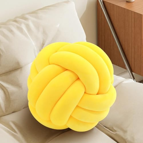 Knot Pillow Ball, Fluffy Handmade Decorative Throw Pillow, Soft Round Knotted Cushion for Couch & Bedroom, Cute Home Decor Ball Pillow for Living Room (7.87 Inches, Yellow)