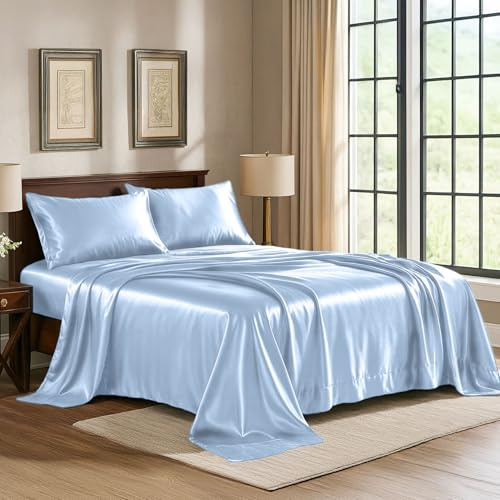 Pure Bedding Satin Sheets Twin Hotel Luxury Silky Bed Sheets - Extra Soft 1800 Microfiber Sheet Set, Wrinkle, Fade, Stain Resistant - Deep Pocket Fitted Flat Sheet, Pillow Cases (3-Piece, Baby Blue)