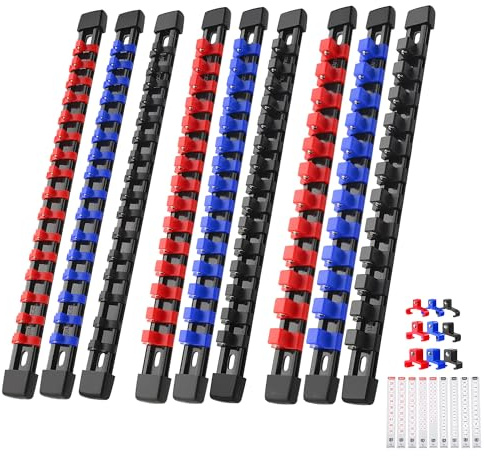 Reniteco 9-Piece Socket Organizer Set - 1/4-Inch x 48 Clips, 3/8-Inch x 45 Clips, 1/2-Inch x 36 Clips, Heavy Duty ABS Socket Holder, Premium Quality Socket Clip Rail Holder for Tool Box Drawer