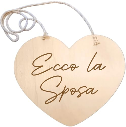 nagu® Cartello Benvenuto Matrimonio Cuore Legno 35x30 cm | Targa Personalizzata con Frase Ecco la Sposa | Photobooth Matrimonio con Cordoncino Cotone | Decorazione Entrata Sposa