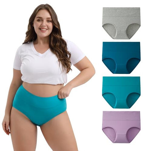 INNERSY Große Größen Damen Unterhosen Panty High Waist Hipster Frauen Kaiserschlüpfer 4 Pack (52-54, Blau/Grau/Grün/Lila)