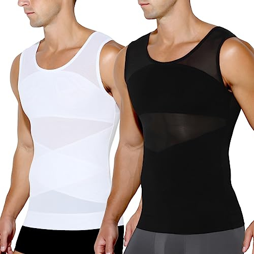 Casey Kevin Men's Compression Shirts Shaperwear Vest 2 Pack Slimming Body Shaper Tummy Control Tank Tops Multipack Undershirts White/Black XL