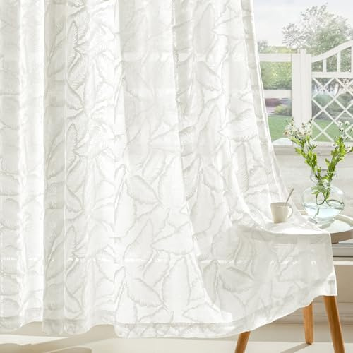 MIULEE Cortinas Salon Modernas con Bordado de Hojas 2 Piezas, Lindas Cortinas Visillos Dormitorio Matrimonio con Ojales, Cortinas Translucidas Salón con Hojas Motivos 140x240 cm Blanco