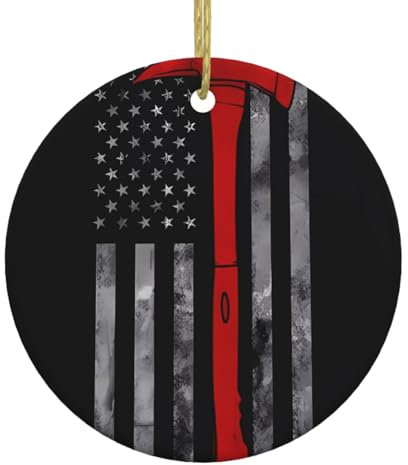 Firefighter Axe Red Line Flag Ceramic Christmas Tree Hanging Ornaments - Festive Round Decorations for Xmas Home Parties, Weddings