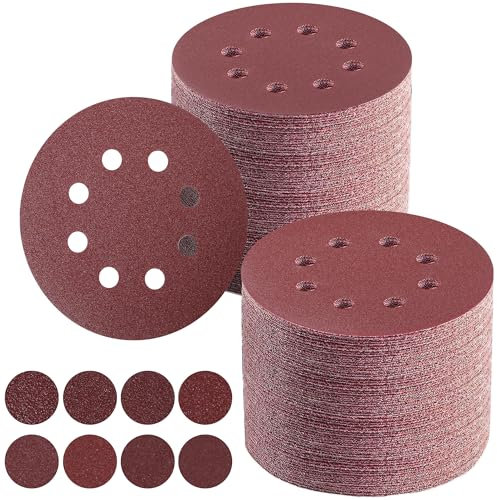 100pcs 125mm Sanding Discs, 5 Inch 8 Hole Hook and Loop Sanding Pads for Random Orbital Sanders Discs (40/60/80/120/180/240/320/400 Mixed Grit) for Wood, Metal, Plastic