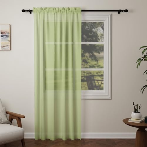 Pacok Green Voile Curtains 84 Drop, 1 Panel Rod Pocket W56xL84 Inch
