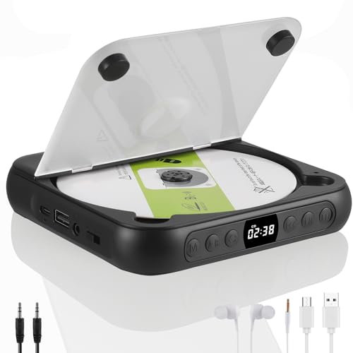 Reproductor CD Portatil con Auriculares, Reproductor CD Bluetooth para Vehículos, Altavoz HiFi Integrado Retro CD Player con Tapa Antipolvo Pantalla LCD Grande Soporta AUX USB Óptico Blanco