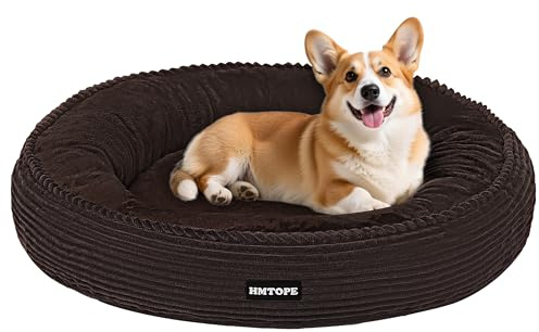 HMTOPE Hundsäng för medelstora hundar, kattsäng, tvättbar, mysig hundkudde, rund cord, hundkorg, donut, hundsoffa, avtagbar och halkfri, Ø 70 cm, brun