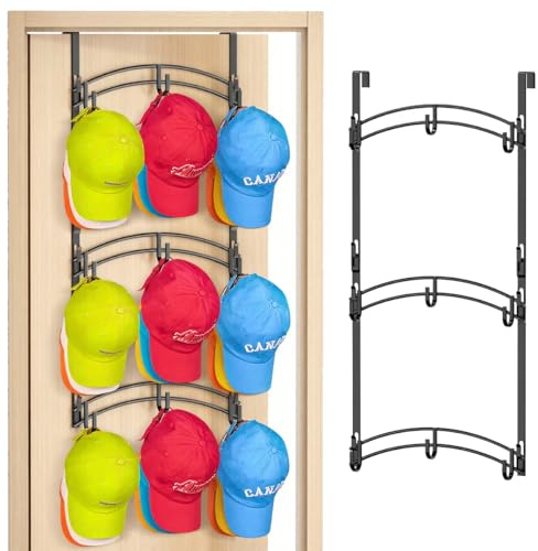 MISSLO Over Door Hat Rack - 3 Tier Metal Hat Organizer with 9 Hooks, Hanging Baseball Cap Storage Holds up to 27 Caps, Display Hat Holder Hanger for Door, Bedroom, Closet (Black)