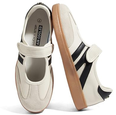 LUCKY STEP Women's Classic Retro Fashion Sneakers Gum Thin Sole Casual Tennis Slip on Flat Loafers Skate Walking Shoes Hook and Loop Footwear(Beige/Black,7)