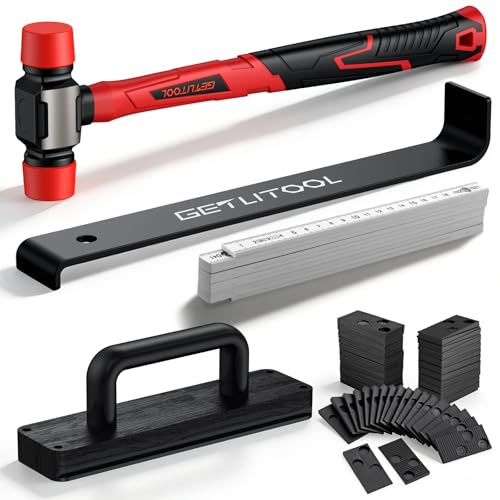 GETLITOOL Kit per Installazione Pavimento Laminato, 60 Distanziatori, Martello in Gomma, Blocco di Battitura con Manico, Barra di Trazione con Feltro, Metro Pieghevole - Strumenti Completi per Parquet