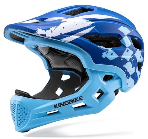 Kinder-Fahrradhelm, Integralhelm, Radfahren, Roller, Schutz, Multisportarten für Kleinkinder, Kinder, mit abnehmbarem Kinnschutz, ab 5 Jahren, Jungen und Mädchen (Karierte Flagge -Himmelblau, S)