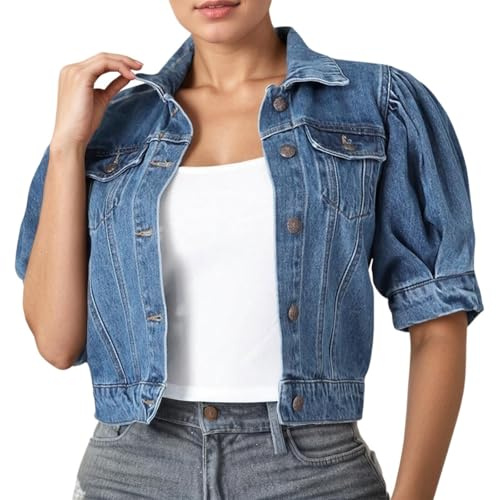 Denim Jackets Womens Comfortable Short Sleeve Stretch Jean Jackets with Puffed Sleeves Oversized Denim Blazer with Feminine Silhouette for Summer Outfits and Layering