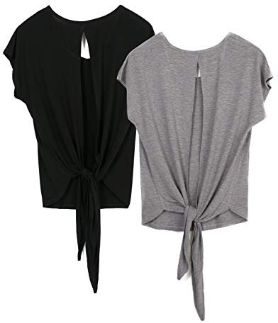 icyzone Damen Rückenfrei Yoga Top Fitness Sport Kurzarm Shirt Oberteil Casual T-Shirt Loose Fit, 2er Pack (L, Black/Grey)