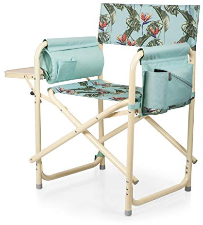 PICNIC TIME Outdoor Directors Chair with Side Table, 300 lb Capacity Folding Outdoor Beach Chair for Adults with Foldaway Backpack Straps, Armrest Caddy, and Umbrella Loop (Tropical Foliage Pattern)