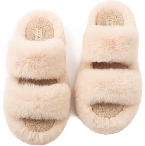 FamilyFairy Women's Fluffy Faux Fur Slippers Comfy Open Toe Two Band Slides with Fleece Lining and Rubber Sole(7-8, Beige)