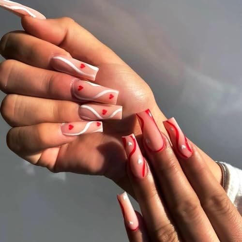 Brishow Coffin False Nails Valentine's Day Pink Long Fake Nails Red Heart Press on Nails Ballerina Acrylic Stick on Nails 24pcs for Women and Girls (B)