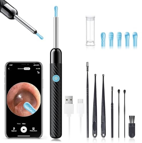 LEIPUT Ear Wax Removal - Earwax Remover Tool with 8 Pcs Ear Set - Ear Canal Cleaner with 1080P Camera - FSA HSA Eligible - Ear Cleaning Kit with 6 Ear Spoon - Ear Camera for iOS & Android (Black)