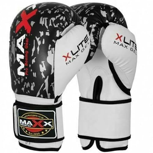 MAXX Leather Boxing Gloves Men Women Adult Sizes With Adjustable Strap Best for Boxings Mma Training Equipment Punchbag Martial Arts (10OZ, Black Silver)
