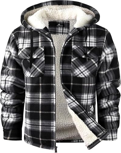 zitysport Hemdjacke Herren Hemd Sherpa Fleece Kariert Gefüttert Kapuzenpullover Fleecefutter Mantel Winter Jacke mit Taschen Flanellhemd Kariertes Männer Sweatjacke mit Kapuze(schwarz und weiß,XL)
