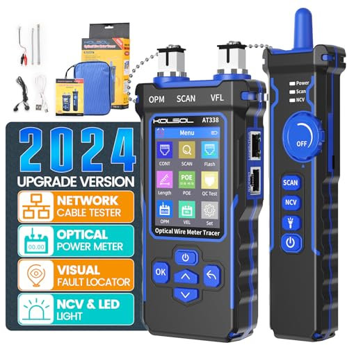 KOLSOL Tester per cavo di rete con 7 lunghezze d'onda ottica, tester Ethernet CAT5 CAT6 con localizzatore visivo di difetti da 10 mW, batteria al litio RJ11 RJ45, tracciatore di fili PoE con NCV e