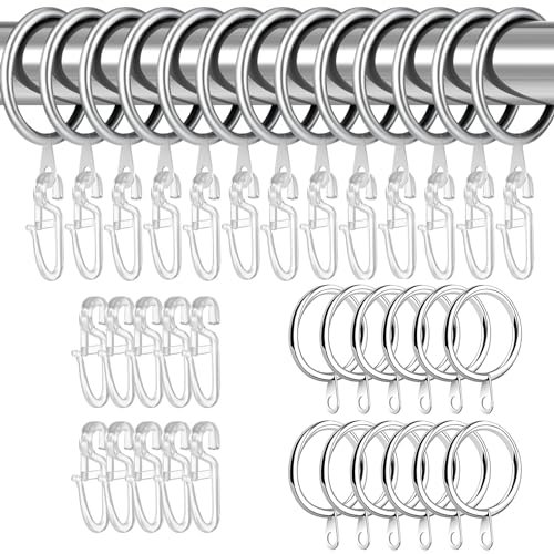 100 Stück Vorhangzubehör, 50 Stück Metall Vorhangringe und 50 Stück Kunststoff Gardinenhaken, 30mm Gardinenringe mit Haken für Bettvorhang, Duschvorhang, Fenstervorhang, Silber